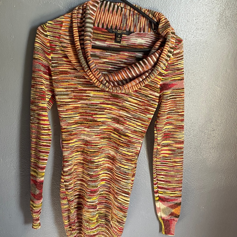 Rocawear Multicolor Cowl Neck Sweater in Red, Yellow, Cream, Brown